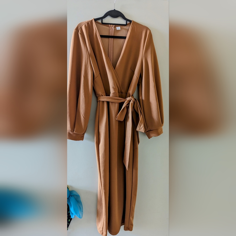  Women's Plus Size V Neck Lantern Sleeve Midi Belted Bodycon Dress Khaki Brown 1